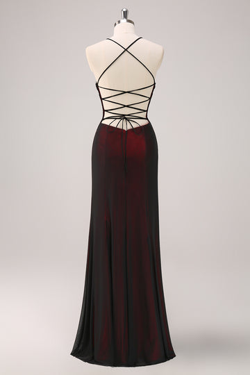 Black Red Criss Cross Back Sheath Bridesmaid Dress with Beading